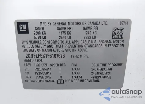 2015 Chevrolet Equinox 1Lt из США, поврежденный, VIN 2GNFLFEK1F6107676